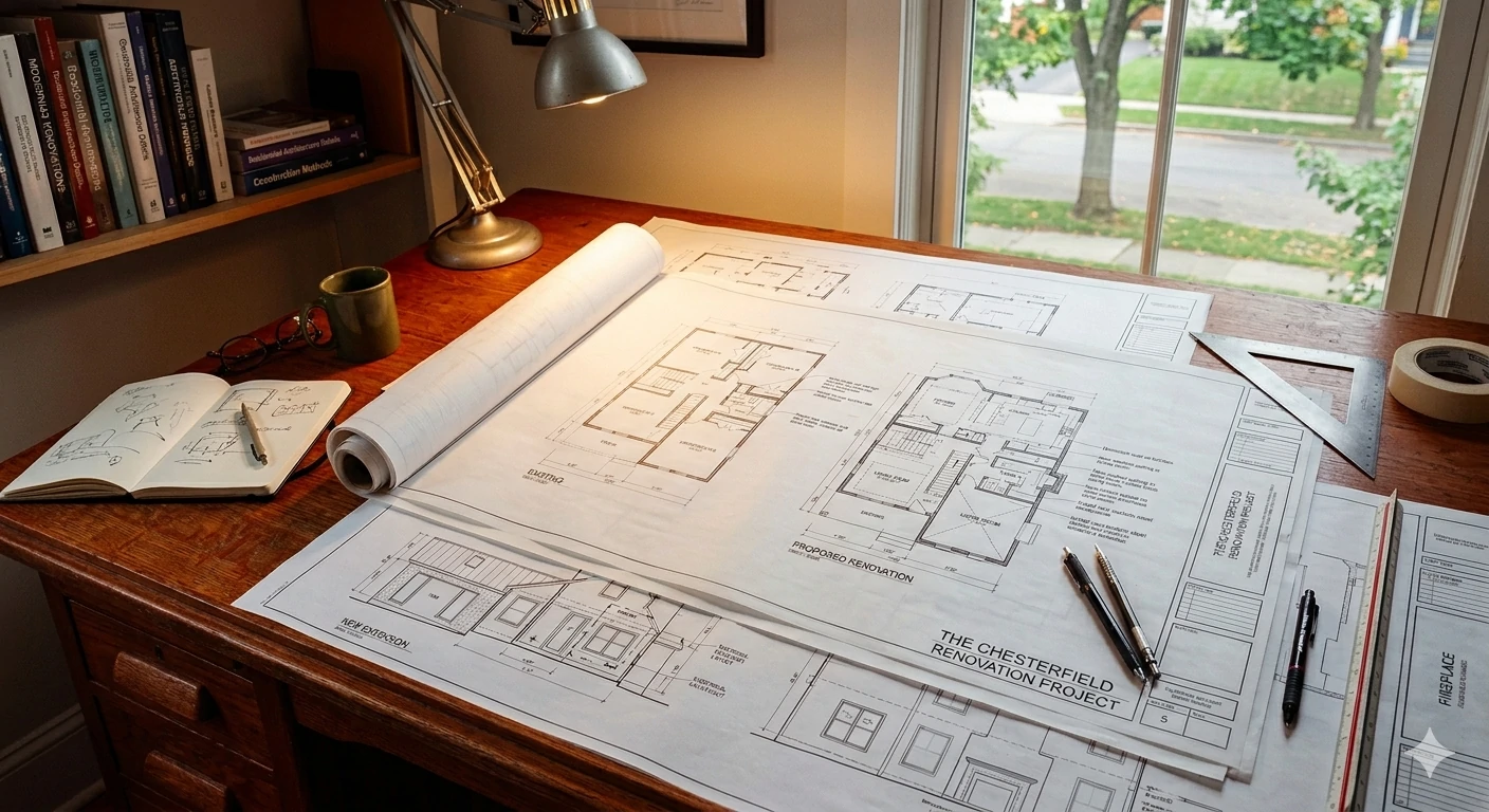 Architectural drafting plans spread out on a desk for a Chesterfield renovation project