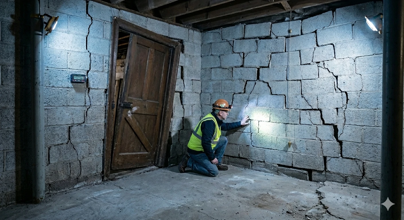 Structural engineer measuring wall deflection during a basement inspection in Chesterfield