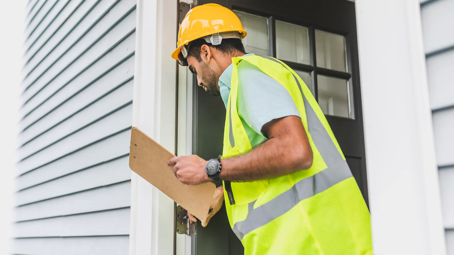 Building inspector with clipboard evaluating the exterior of a Chesterfield property during a condition assessment