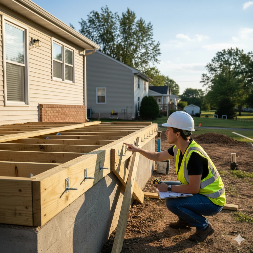 Structural engineer examining deck framing and ledger board connection in Chesterfield
