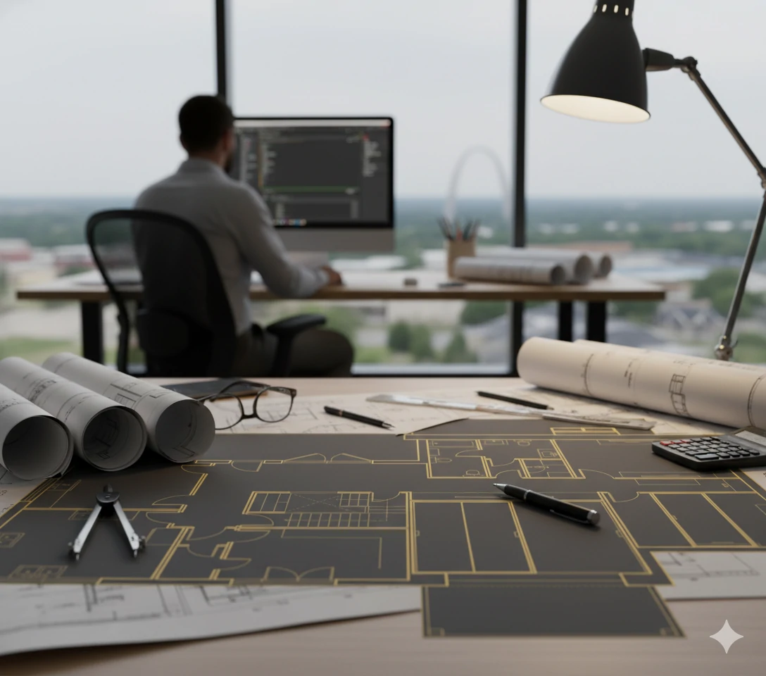 Architectural floor plan drawings on a desk in a Chesterfield engineering office