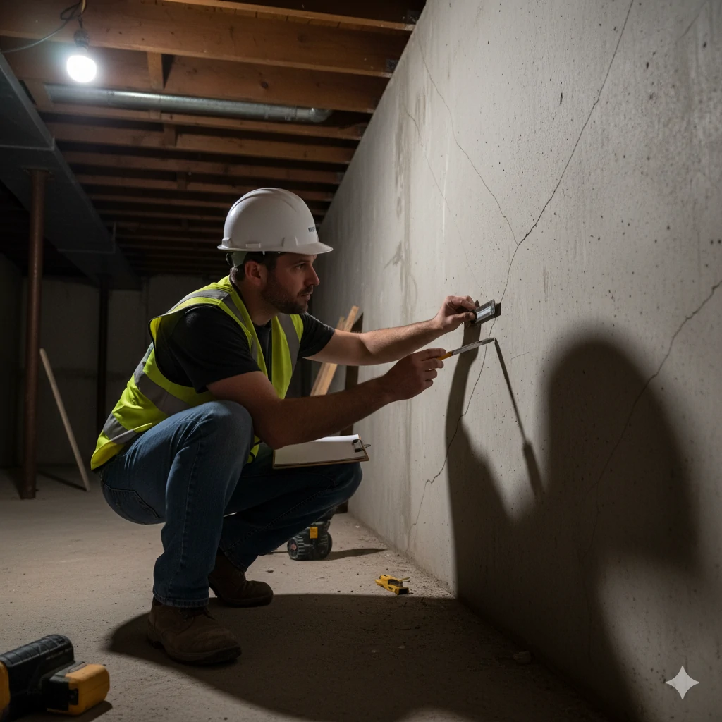 Structural engineer inspecting foundation cracks in a Chesterfield basement