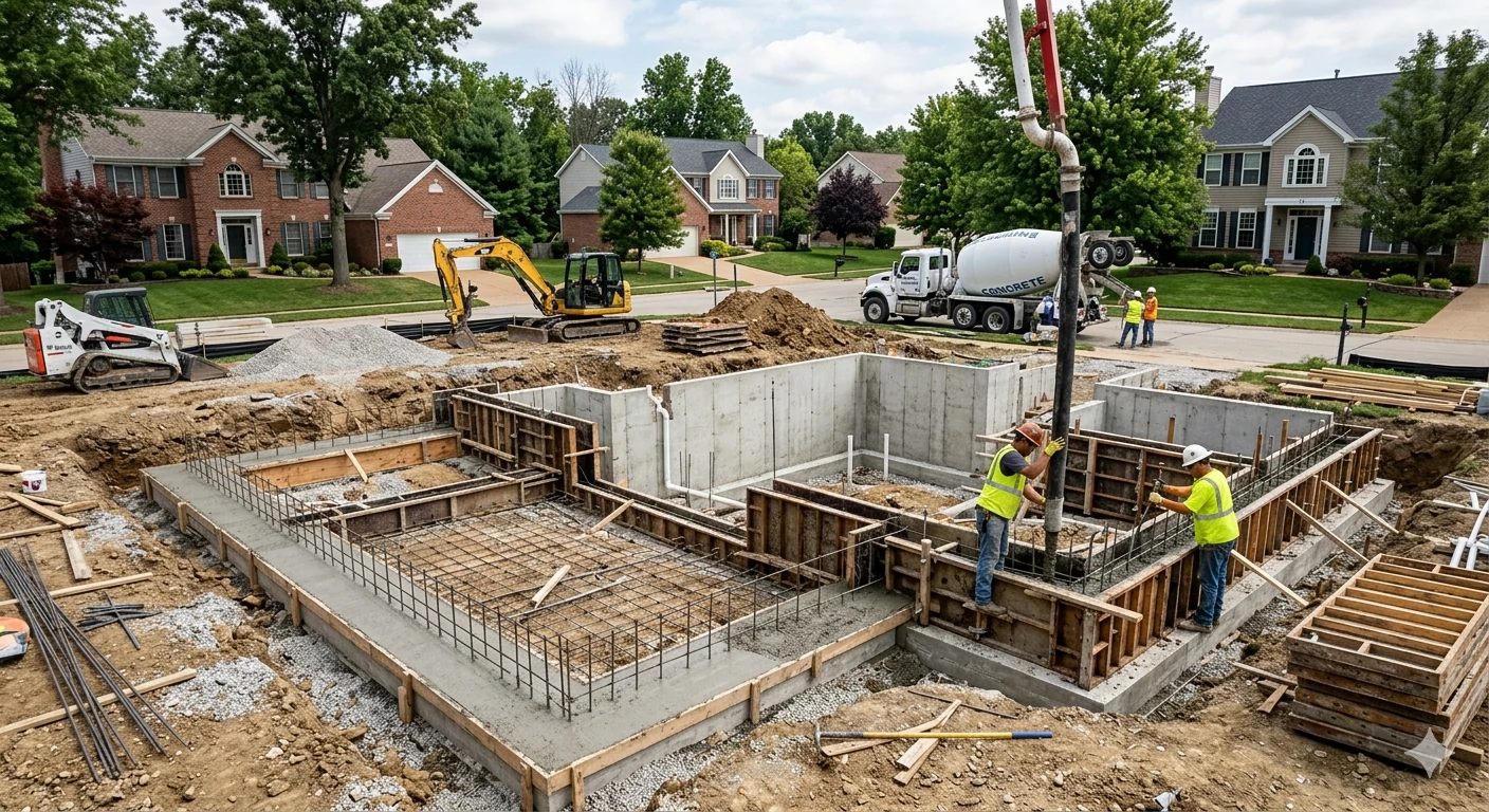 Engineer inspecting a concrete foundation at a Chesterfield construction site