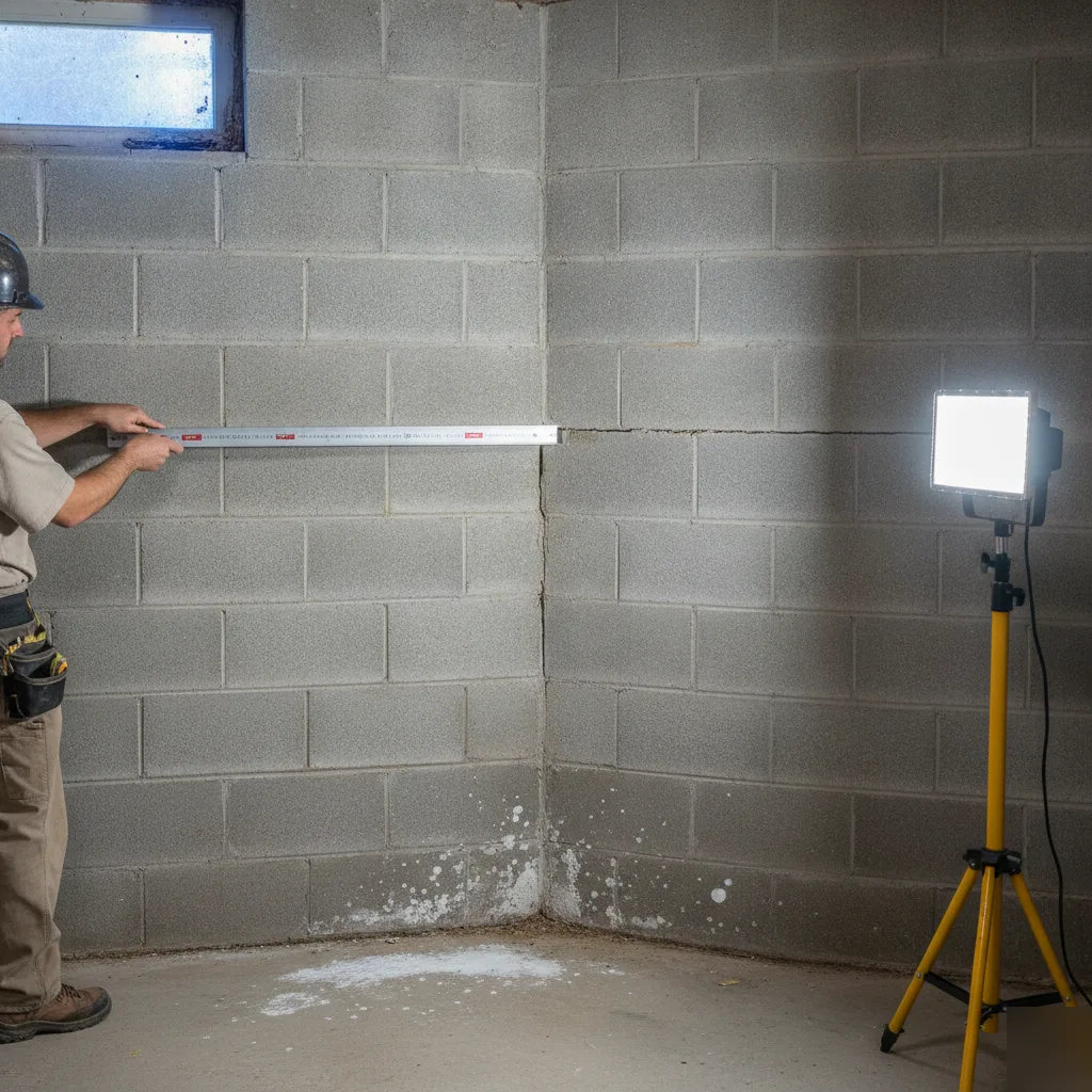 Bowing cinderblock basement wall with lateral movement — foundation inspection finding in Chesterfield