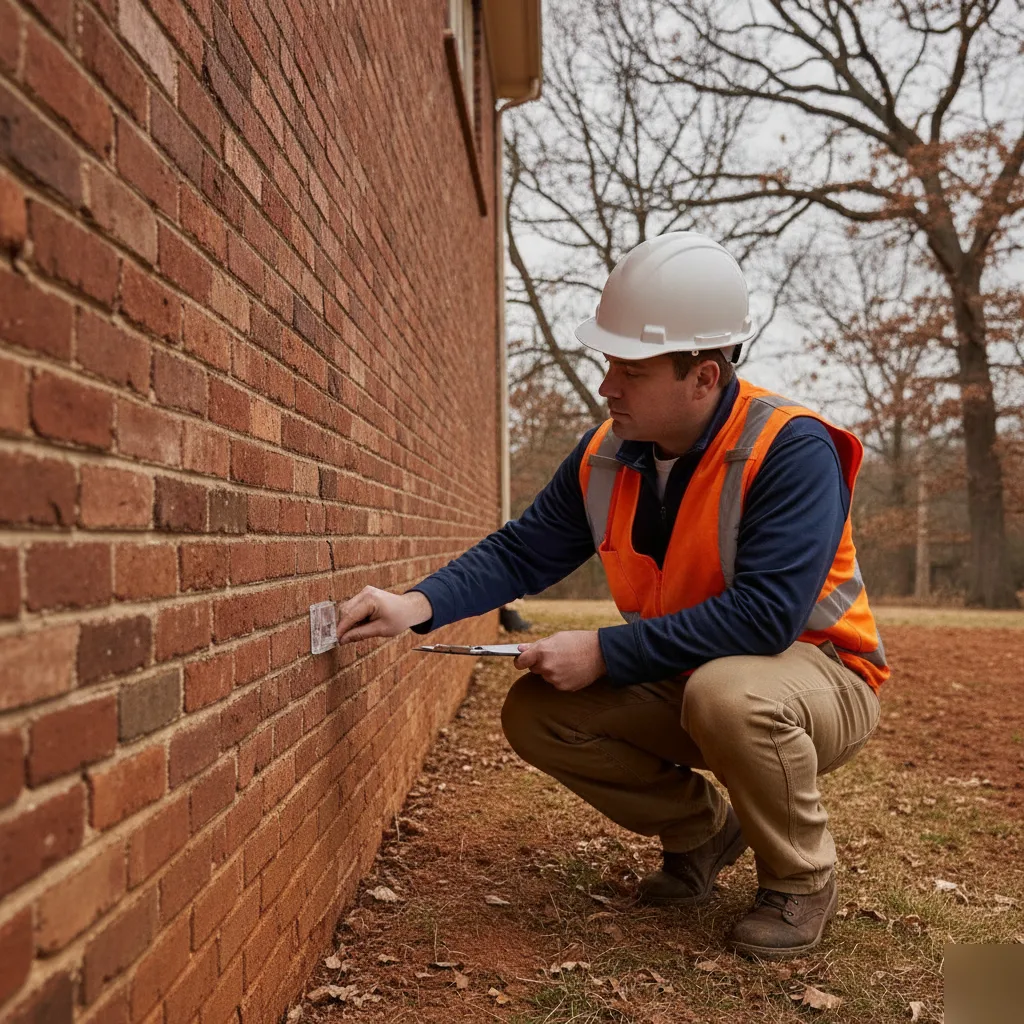 Structural engineer inspecting foundation cracks on a brick wall in Chesterfield, Missouri