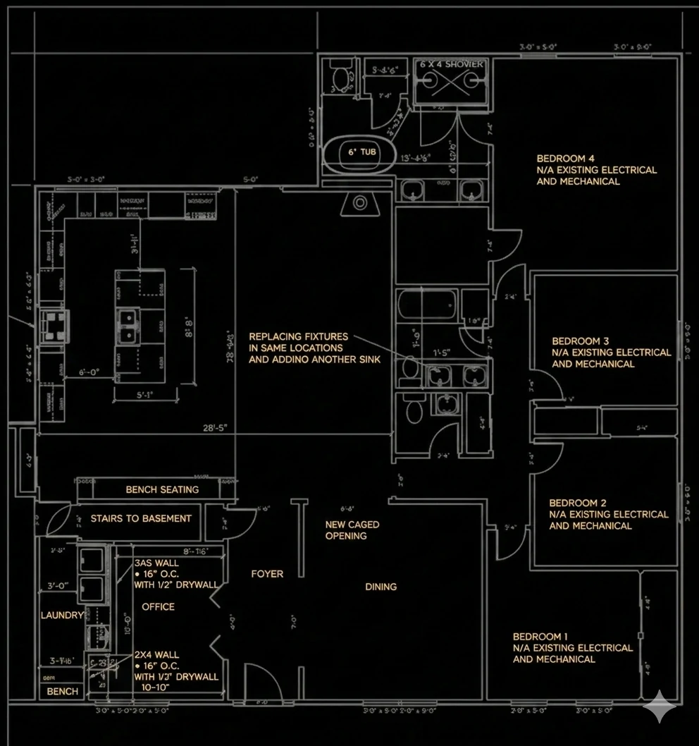 Open concept floor plan — proposed layout after wall removal