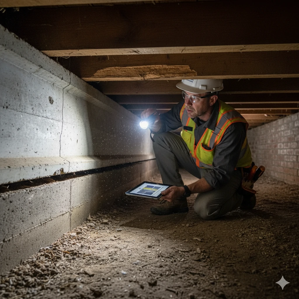 Licensed structural engineer conducting a pre-purchase structural inspection in St. Louis
