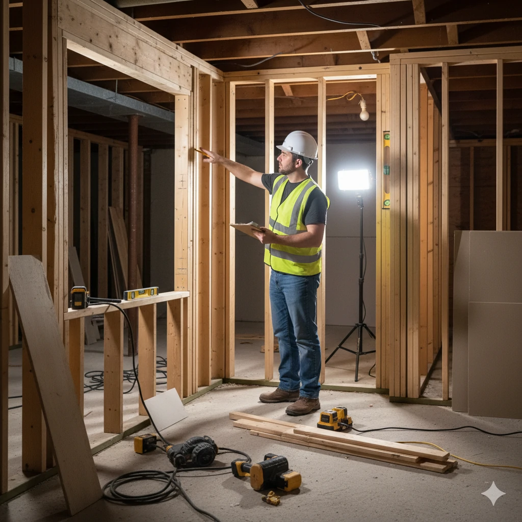 Structural engineer reviewing framing during a renovation inspection in Chesterfield