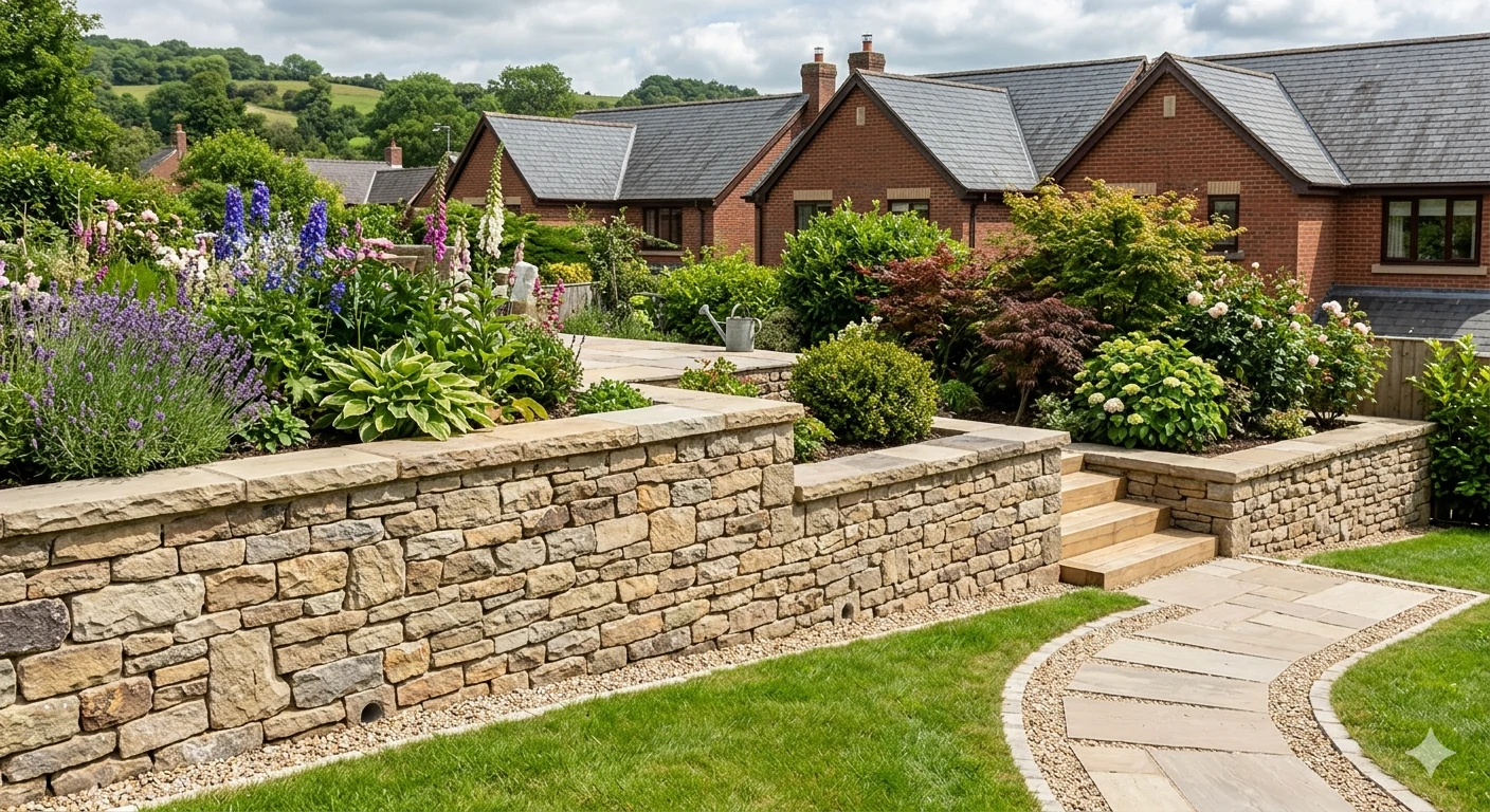 Completed stone retaining wall in a landscaped garden setting showing structural retaining wall design in Chesterfield