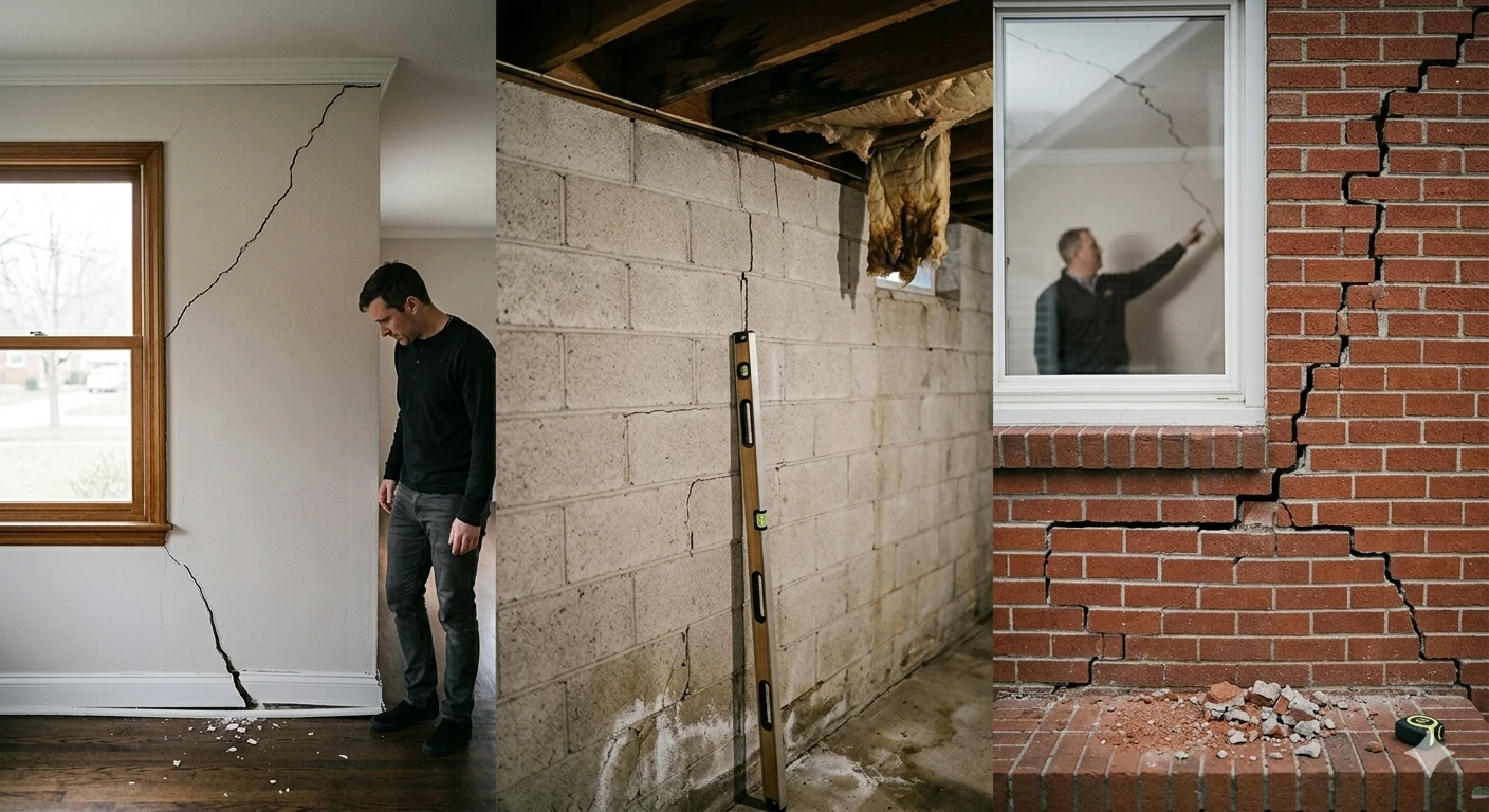 Licensed structural engineer documenting foundation cracks during an inspection in Chesterfield