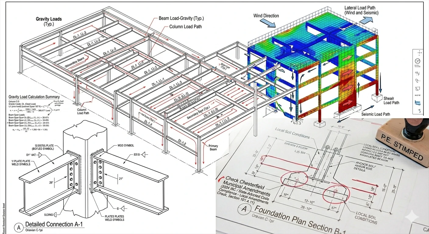 Two engineers reviewing structural blueprints laid out on a table during an independent peer review session