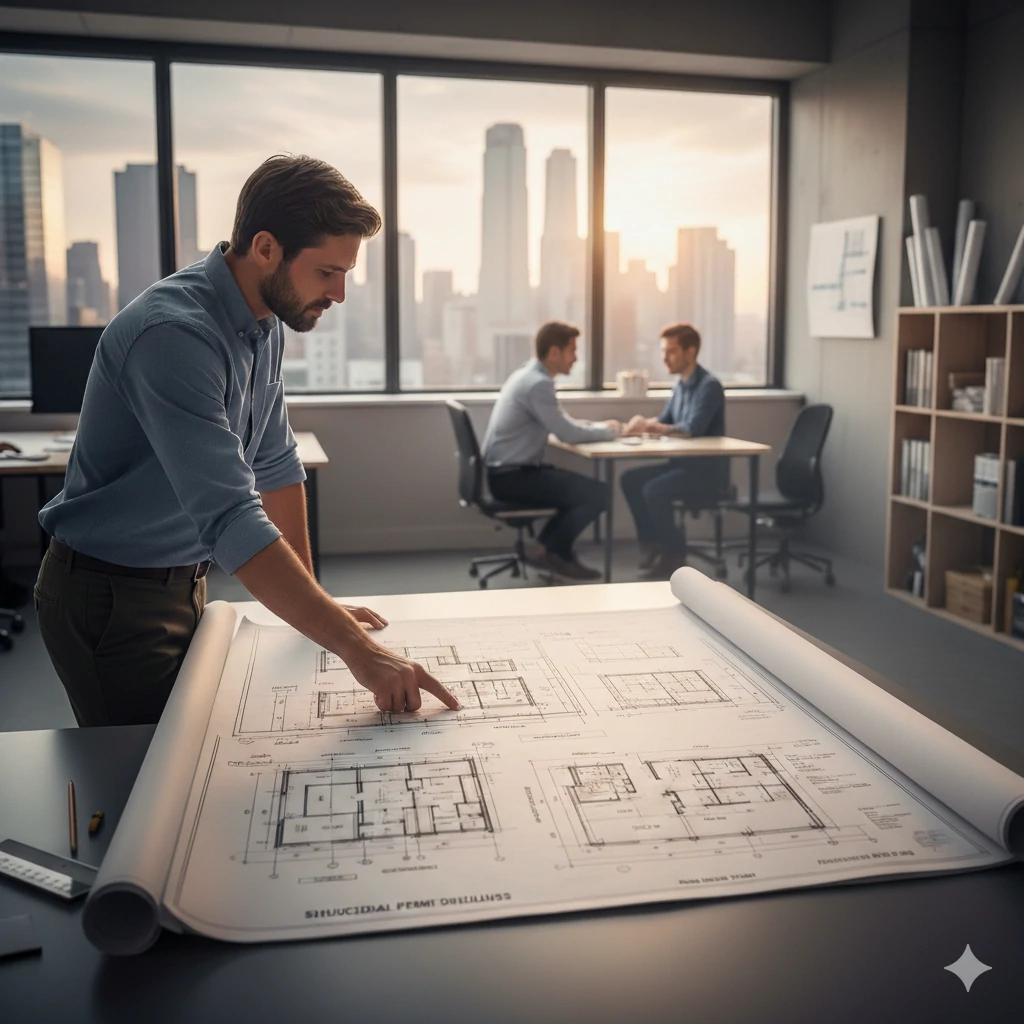 Structural engineer reviewing permit-ready construction drawings for a St. Louis residential project